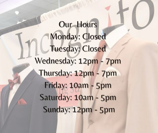 Happy Friday🤩 We are Back and ready to serve YOU! So come on down to 1823 Penfield Rd. Penfield NY 14526📍

Or click the link to schedule your appointment with us today! ➡️ https://incognitomenswear.com/appointment-request/